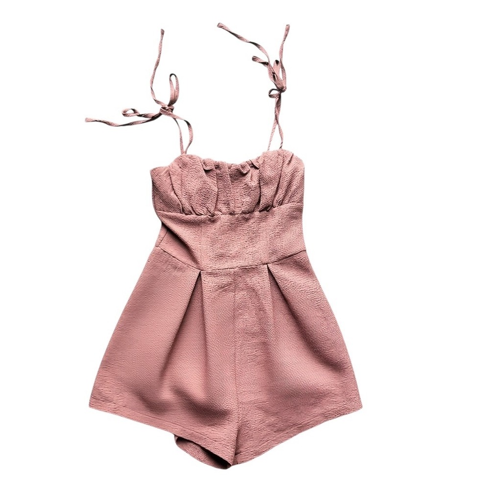 Coquette Brown Mauve Textured Tie Shoulder Sweetheart Romper XS Balletcore 2